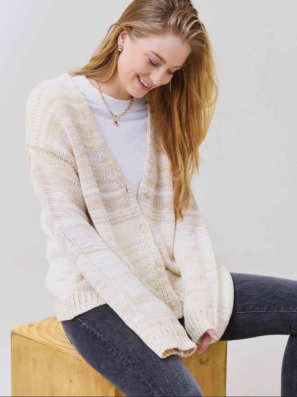 525 Ombre Button Front Cream Knit Cardigan Sweater Top